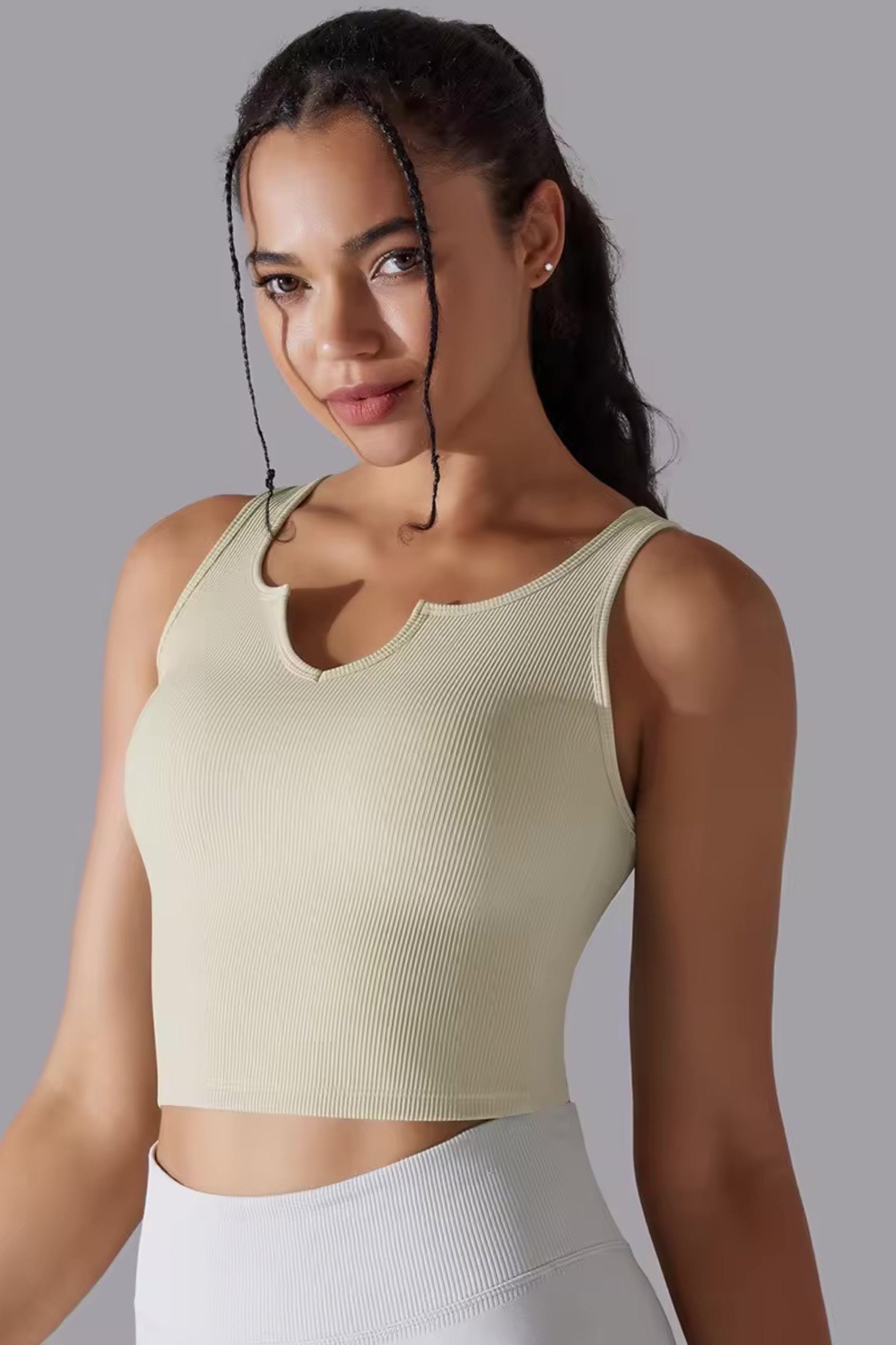 Beige V-hals Crop Top med Indbyggede Puder - Small